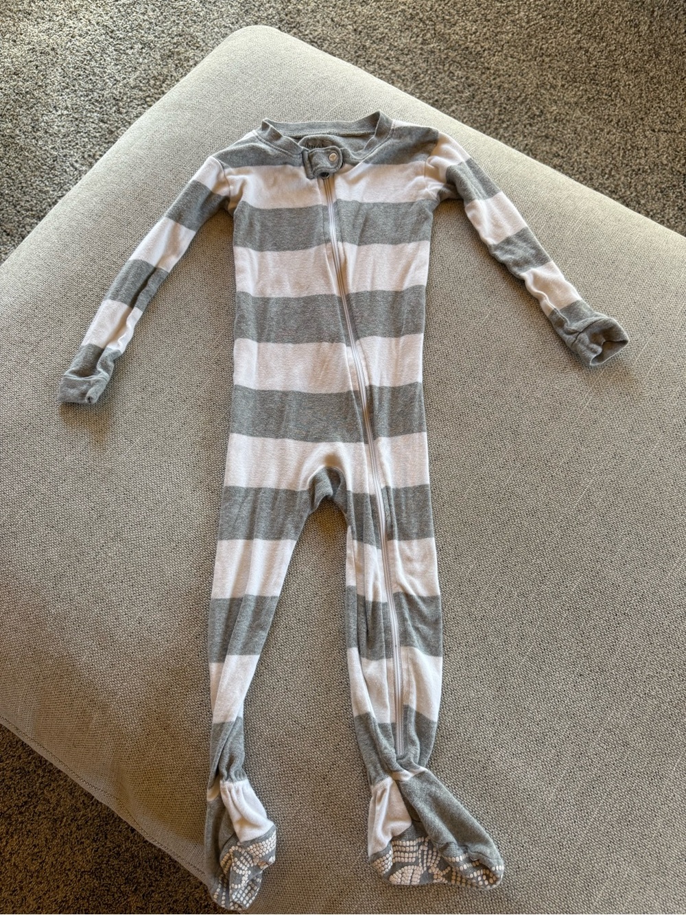 Burt’s Bee Striped Gray and White Footed One-Piece for Kids